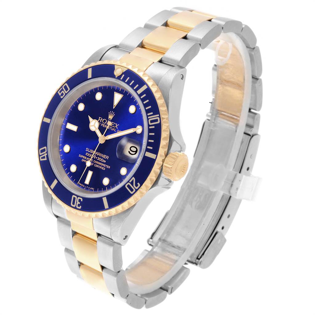 The image shows a Rolex Submariner 16613 Men's Steel and Gold (two tone) Blue Dial 16613 Men's Steel and Gold (two tone) Blue Dial watch from a front-left angle, highlighting the blue dial, bezel, gold accents, and bracelet.
