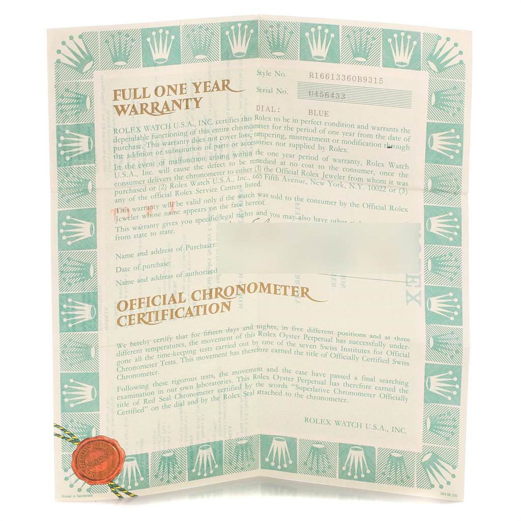 The image displays a full view of the warranty and official chronometer certification for a Rolex Submariner 16613 Men's Steel and Gold (two tone) Blue Dial 16613 Men's Steel and Gold (two tone) Blue Dial watch.