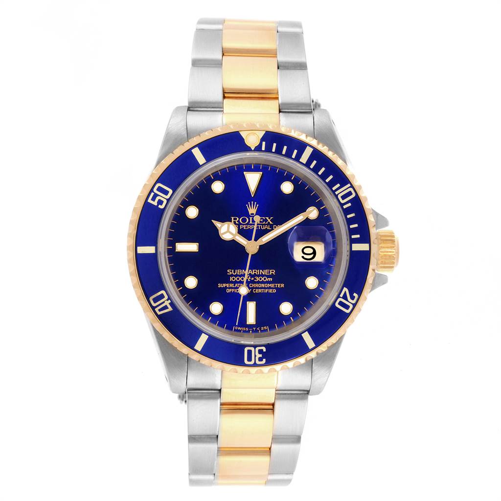 The image shows a front view of a Rolex Submariner 16613 Men's Steel and Gold (two tone) Blue Dial 16613 Men's Steel and Gold (two tone) Blue Dial watch, highlighting the dial, bezel, and bracelet.