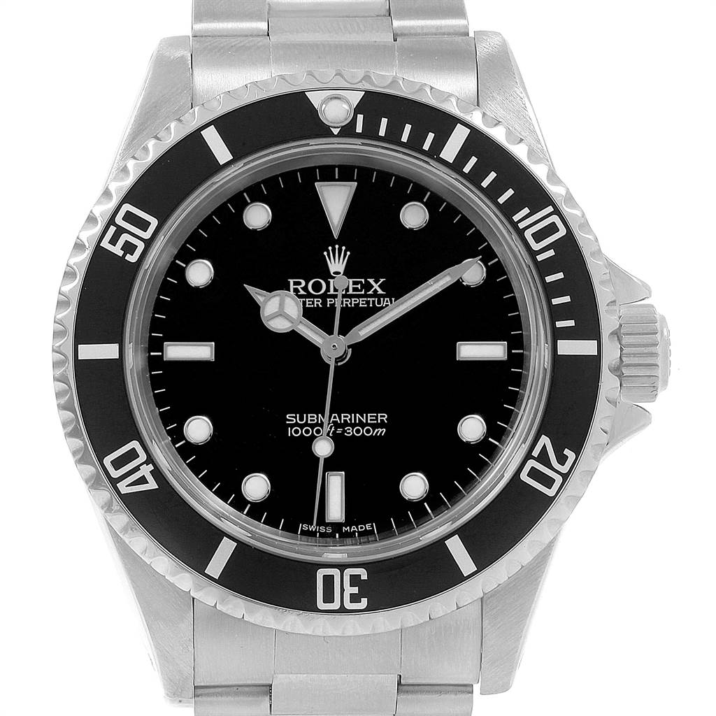 The Rolex Submariner 14060 Men's Stainless Steel Black Dial 14060 Men's Stainless Steel Black Dial watch is shown from a front angle, highlighting the bezel, dial, hands, and bracelet.