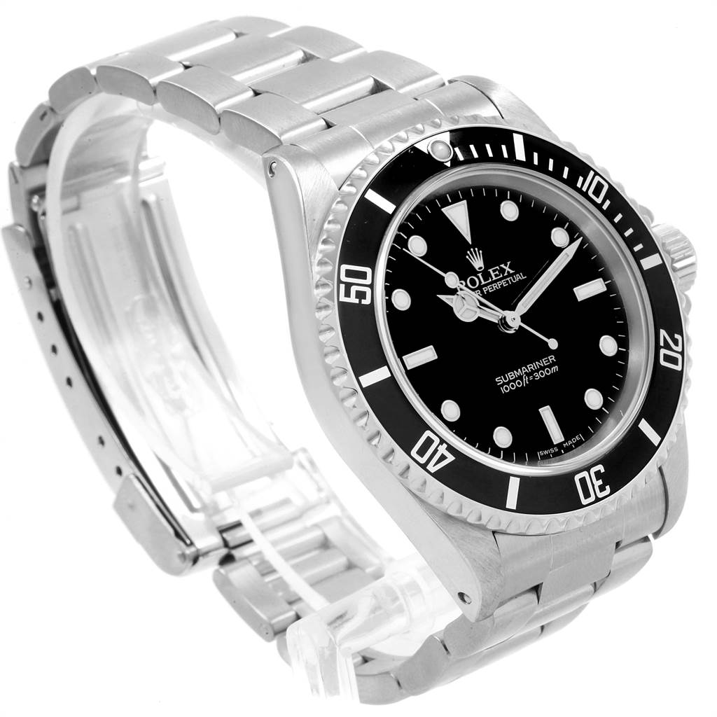 The image shows a Rolex Submariner 14060 Men's Stainless Steel Black Dial 14060 Men's Stainless Steel Black Dial watch at a slight angle, highlighting its dial, bezel, and part of the bracelet.