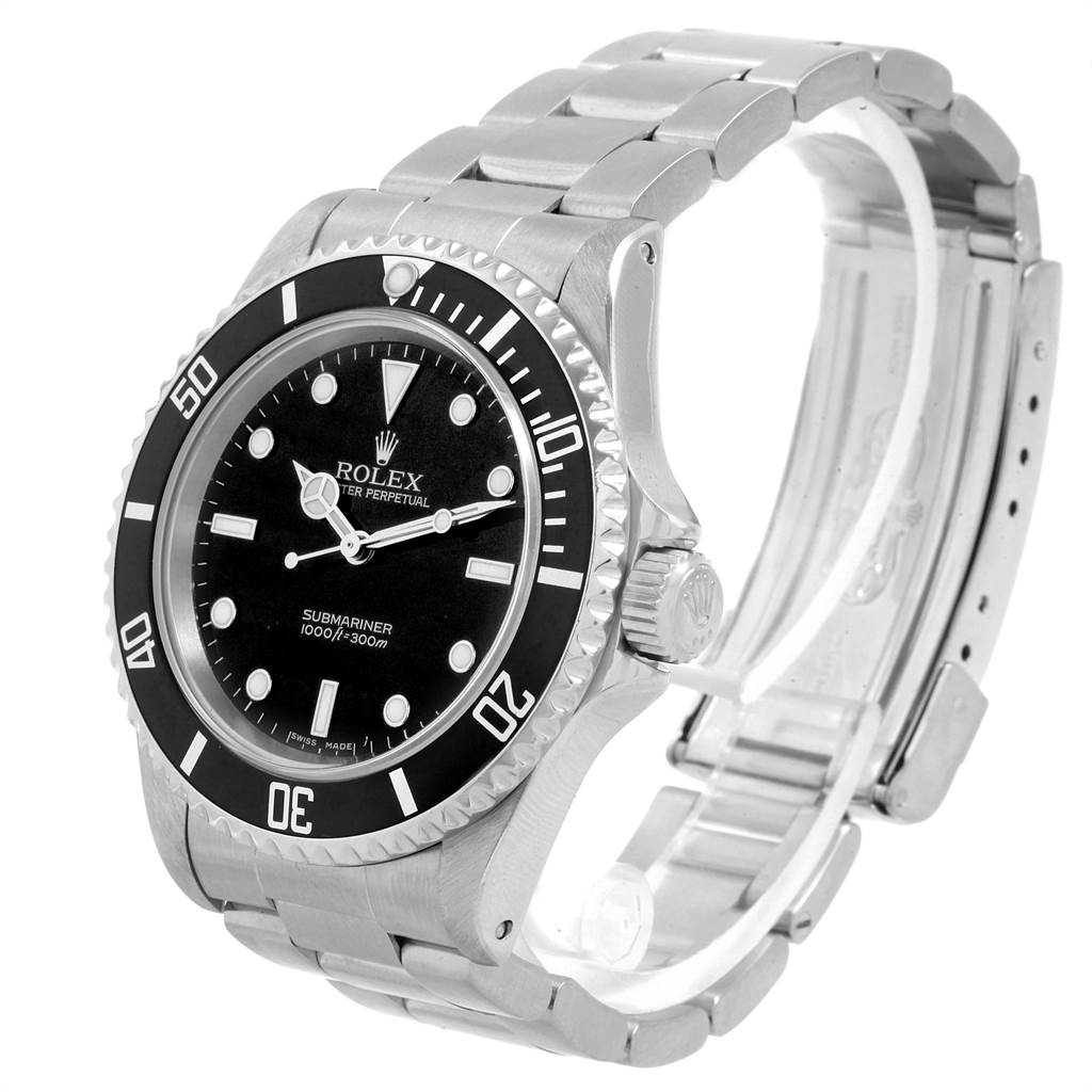The image shows a Rolex Submariner 14060 Men's Stainless Steel Black Dial 14060 Men's Stainless Steel Black Dial watch at an angle revealing its face, bezel, crown, and part of the bracelet.