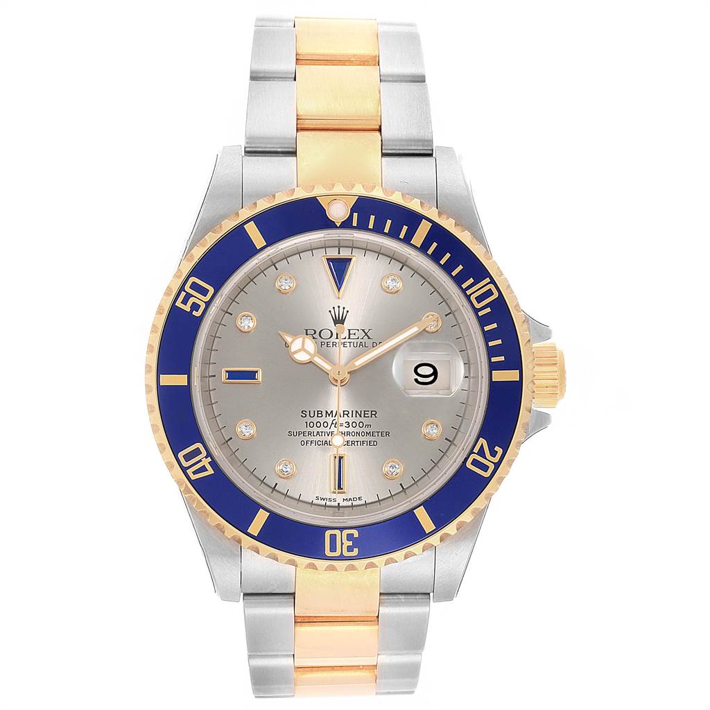 The image shows a frontal view of a Rolex Submariner 16613 Men's Steel and Gold (two tone) Grey Dial 16613 Men's Steel and Gold (two tone) Grey Dial watch, displaying its dial, bezel, hands, and bracelet.