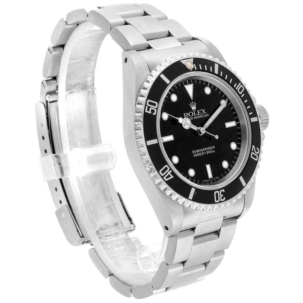 The image shows a Rolex Submariner 14060 Men's Stainless Steel Black Dial 14060 Men's Stainless Steel Black Dial watch angled from a front-left perspective, highlighting the dial, bezel, bracelet, and crown.