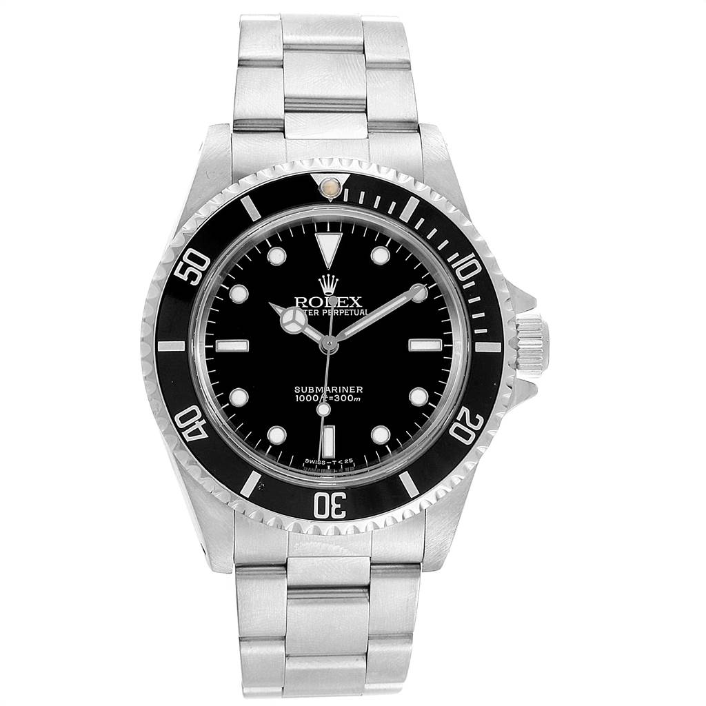 The image shows a front view of the Rolex Submariner 14060 Men's Stainless Steel Black Dial 14060 Men's Stainless Steel Black Dial watch, highlighting its black dial, bezel, and stainless steel bracelet.