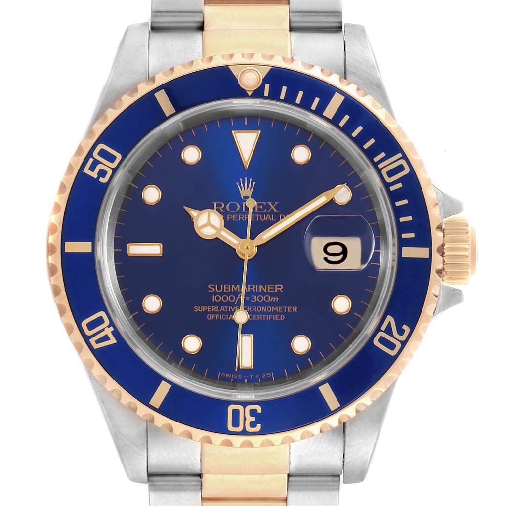 This image shows a frontal view of a Rolex Submariner 16613 Men's Steel and Gold (two tone) Blue Dial 16613 Men's Steel and Gold (two tone) Blue Dial watch, highlighting its blue dial, gold accents, and bezel.