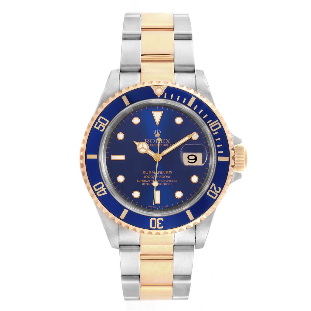 The image shows a full front view of a Rolex Submariner 16613 Men's Steel and Gold (two tone) Blue Dial 16613 Men's Steel and Gold (two tone) Blue Dial watch, featuring a blue dial and two-tone bracelet.