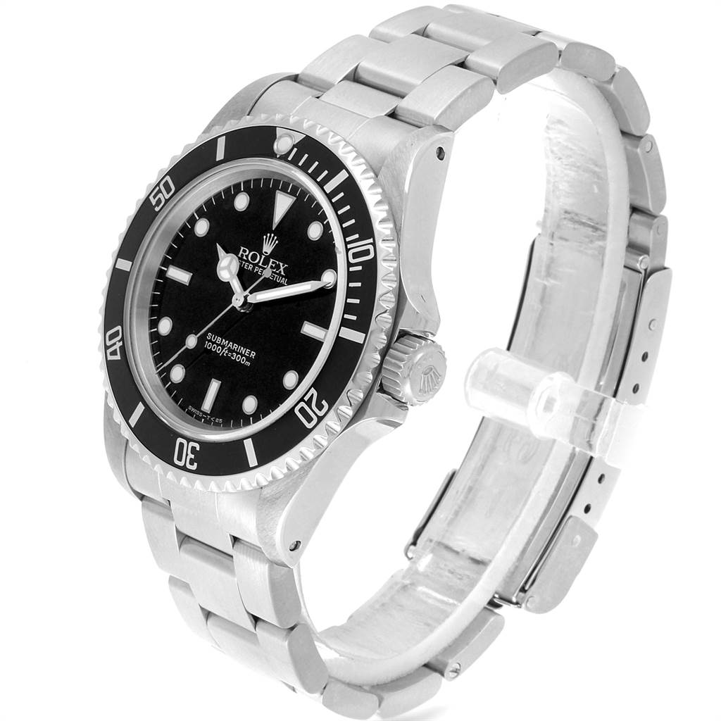This image shows a Rolex Submariner 14060 Men's Stainless Steel Black Dial 14060 Men's Stainless Steel Black Dial watch angled from the front and side, displaying the dial, bezel, crown, and bracelet.