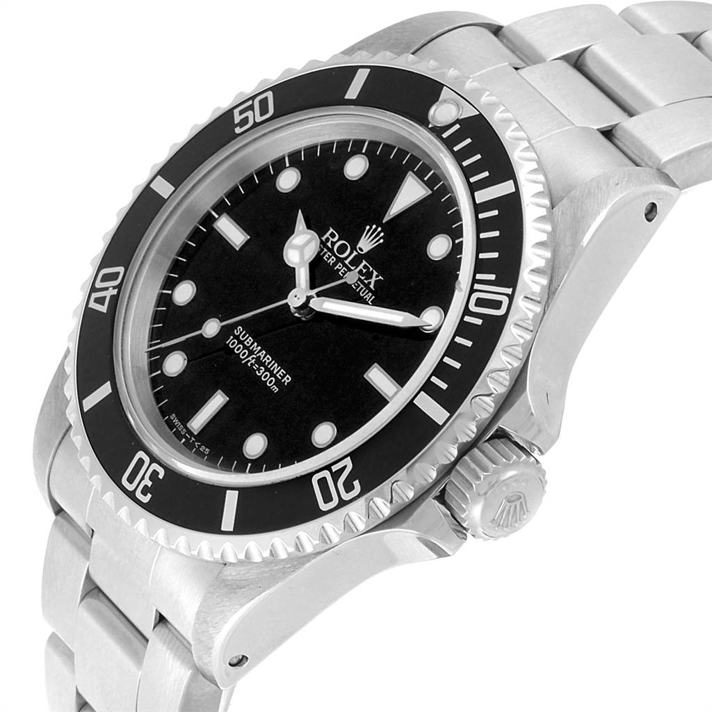 This image shows a Rolex Submariner 14060 Men's Stainless Steel Black Dial 14060 Men's Stainless Steel Black Dial watch from a three-quarter angle, highlighting the face, bezel, crown, and bracelet.