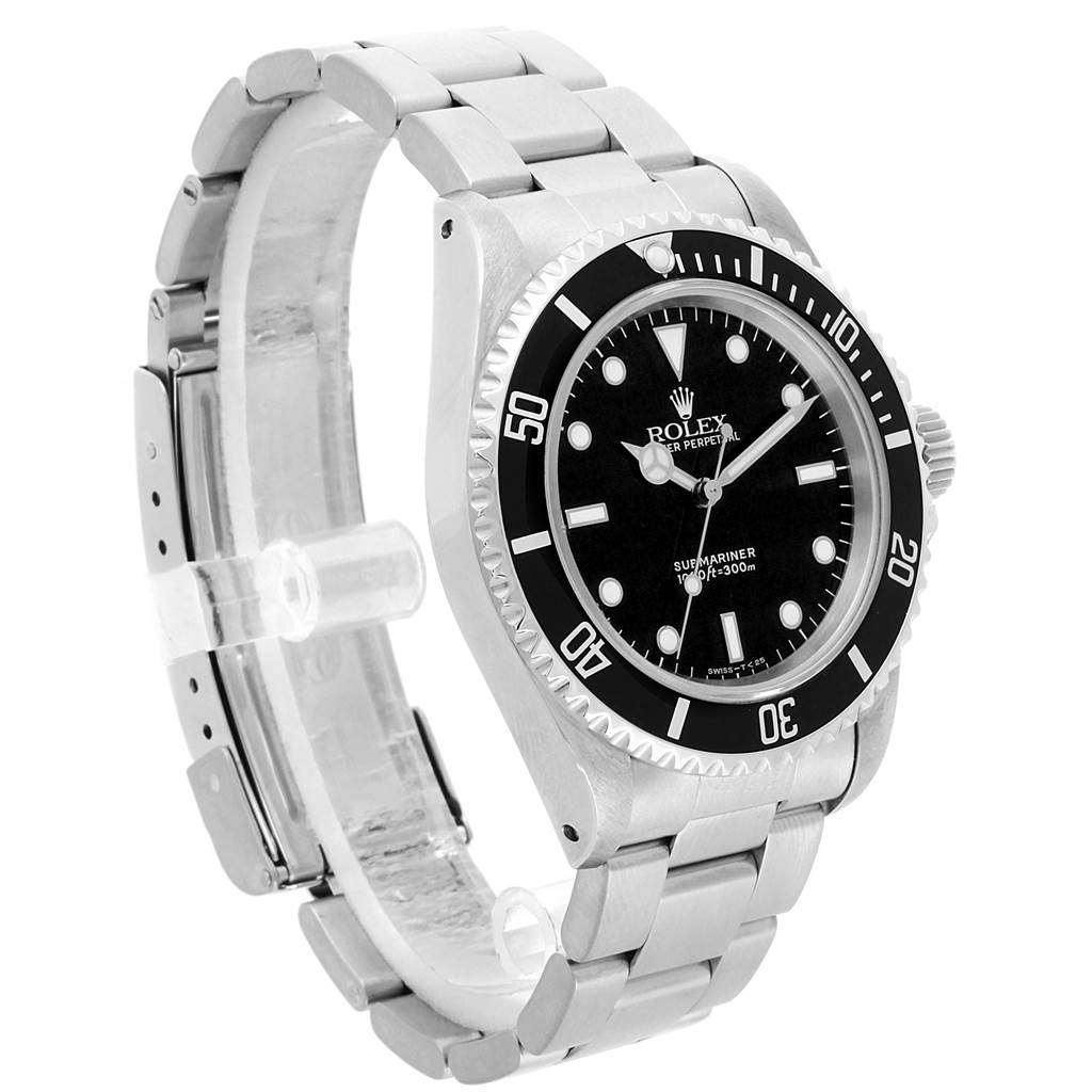 The image shows a side-front angled view of a Rolex Submariner 14060 Men's Stainless Steel Black Dial 14060 Men's Stainless Steel Black Dial watch, highlighting the bezel, dial, and bracelet.