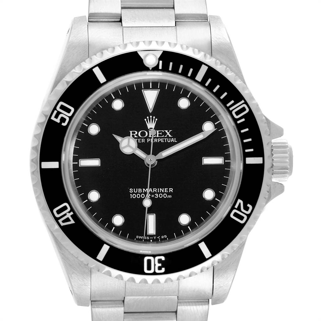 The Rolex Submariner 14060 Men's Stainless Steel Black Dial 14060 Men's Stainless Steel Black Dial watch is shown from a front angle, displaying its dial, bezel, and part of the bracelet.