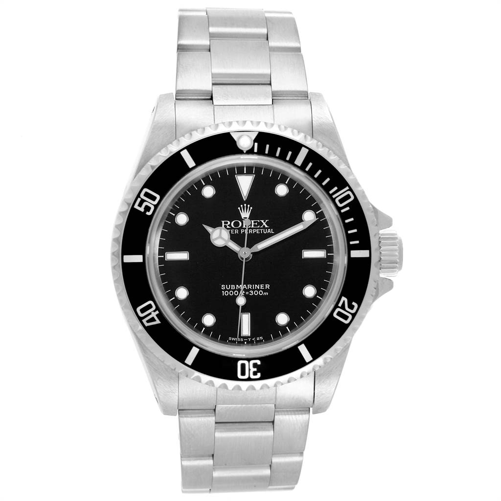 The image shows a front view of a Rolex Submariner 14060 Men's Stainless Steel Black Dial 14060 Men's Stainless Steel Black Dial watch, displaying its bezel, dial, and bracelet.