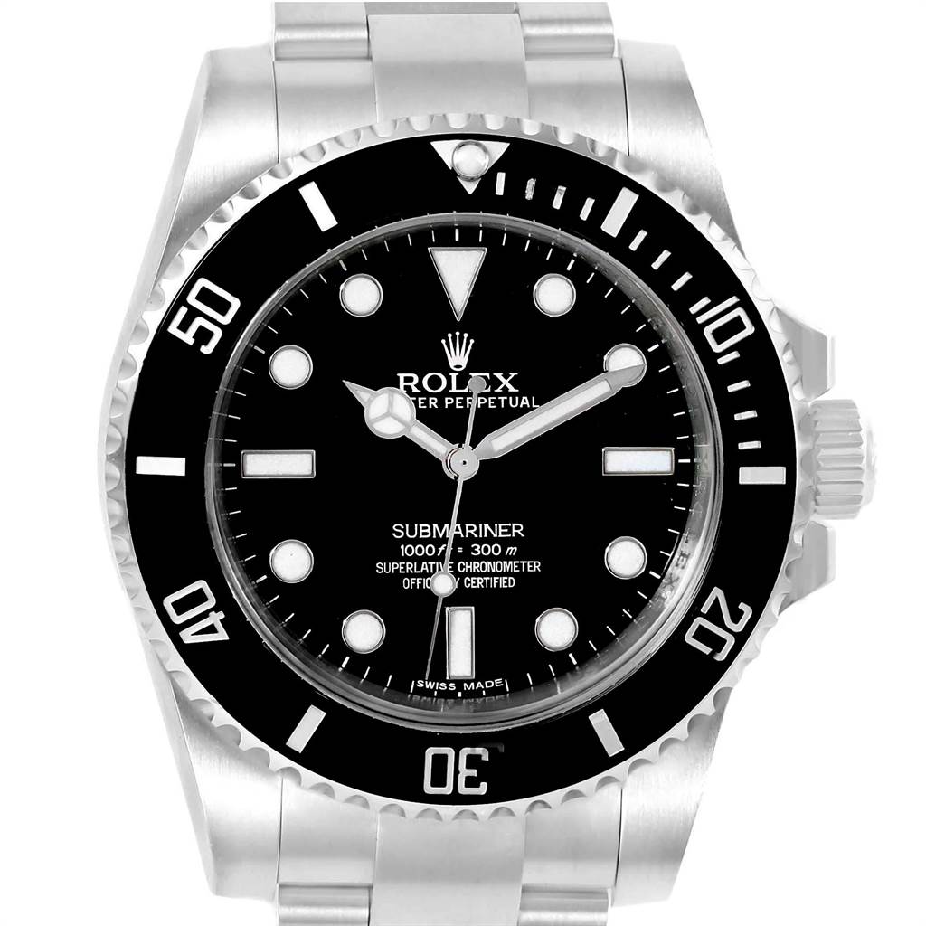 This image shows a front-facing view of a Rolex Submariner 114060 Men
s Stainless Steel Black Dial 114060 Men
s Stainless Steel Black Dial watch, highlighting its black dial, bezel, and stainless steel bracelet.