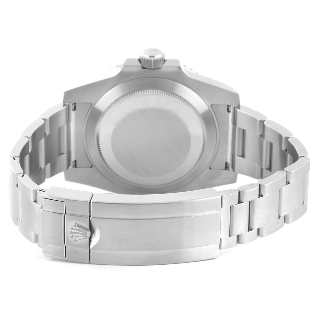 The image shows the back view of the Rolex Submariner 114060 Men
s Stainless Steel Black Dial 114060 Men
s Stainless Steel Black Dial watch, featuring its case back, crown, and metal bracelet with clasp.