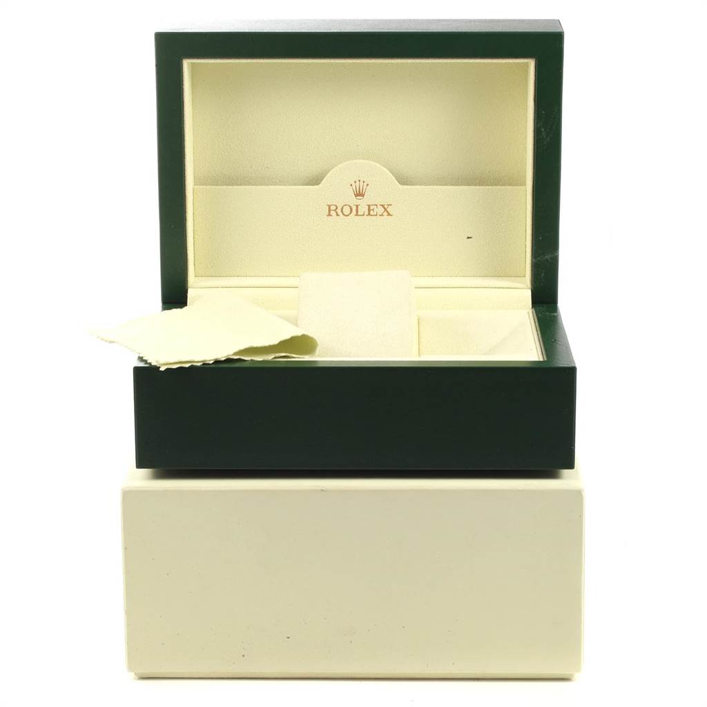 The image shows an open Rolex Submariner 114060 Men
s Stainless Steel Black Dial 114060 Men
s Stainless Steel Black Dial watch box with a cleaning cloth, viewed from the front.