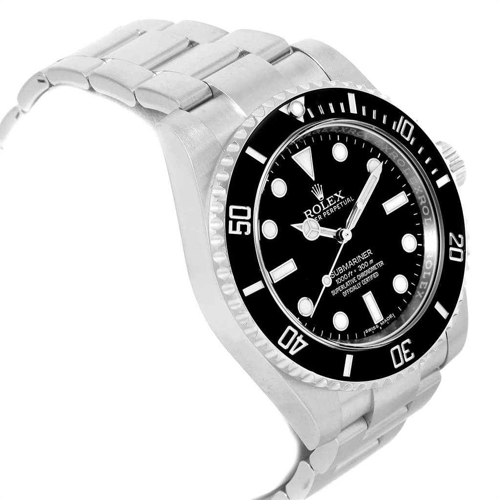 The Rolex Submariner 114060 Men
s Stainless Steel Black Dial 114060 Men
s Stainless Steel Black Dial watch is shown at an angled view, highlighting the dial, bezel, and part of the bracelet.