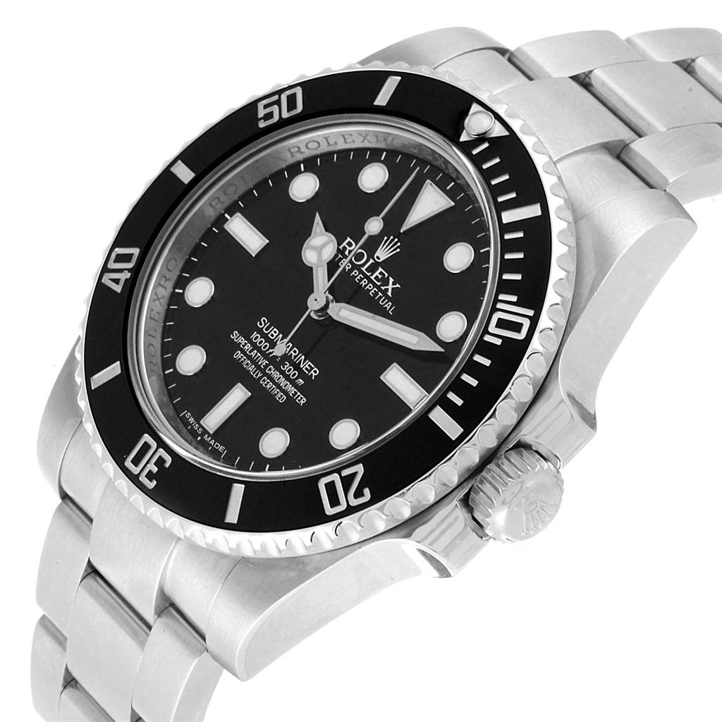 The image shows a Rolex Submariner 114060 Men
s Stainless Steel Black Dial 114060 Men
s Stainless Steel Black Dial watch at an angled side view highlighting the face, bezel, crown, and bracelet.