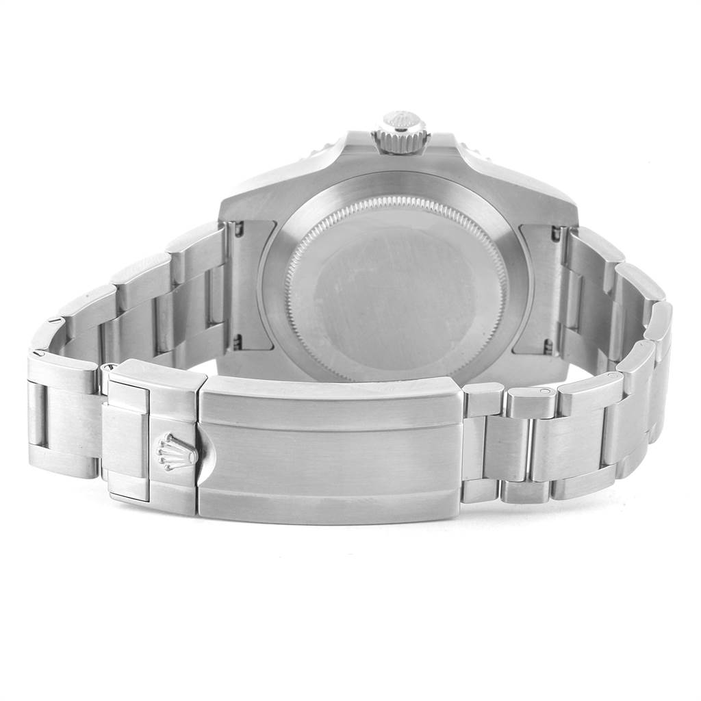 The image shows the back of a Rolex Submariner 114060 Men
s Stainless Steel Black Dial 114060 Men
s Stainless Steel Black Dial watch, including the caseback, bracelet, and clasp.