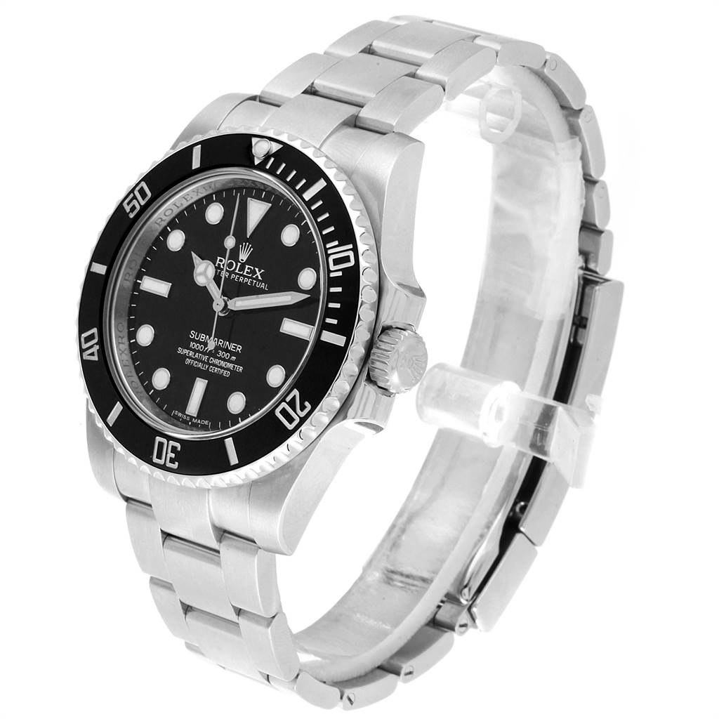 This image shows a Rolex Submariner 114060 Men
s Stainless Steel Black Dial 114060 Men
s Stainless Steel Black Dial watch at a three-quarter angle, featuring its black dial, bezel, and stainless steel bracelet.