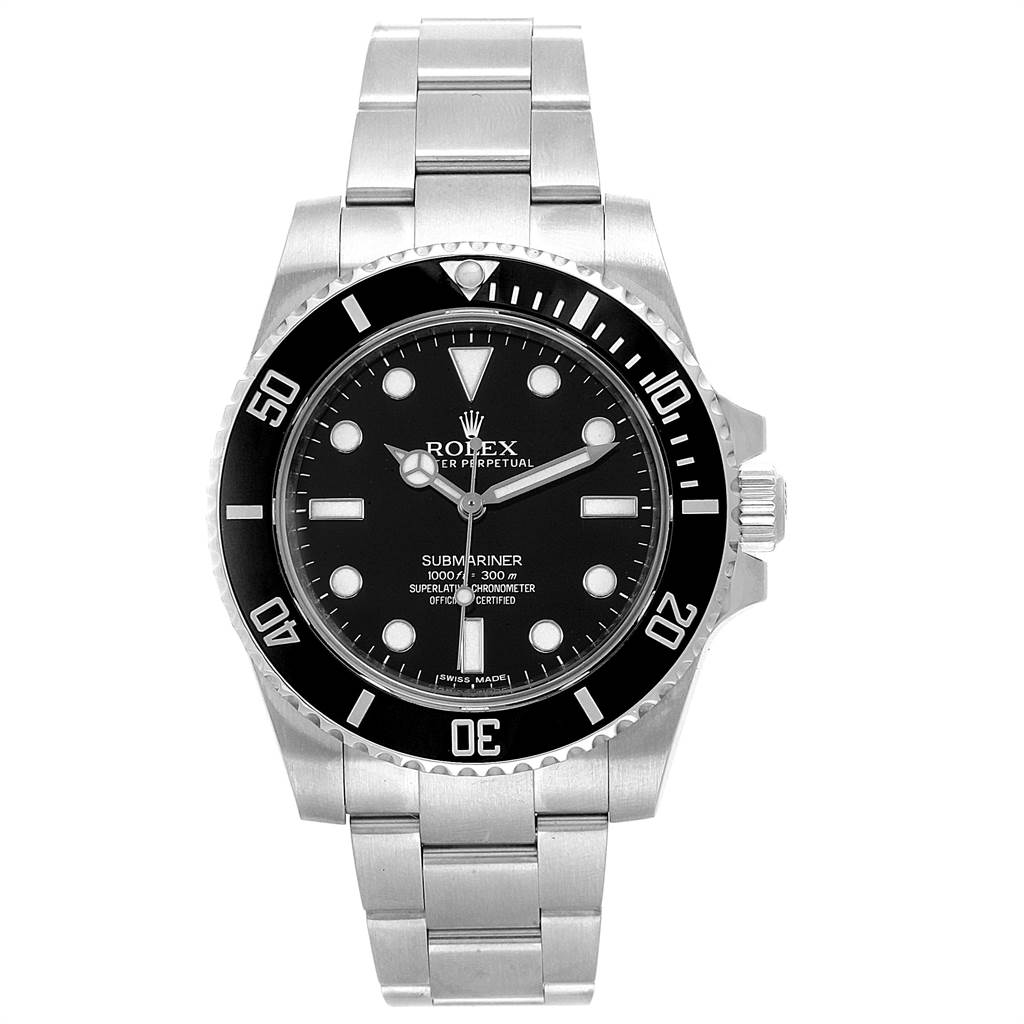 The image shows a front view of a Rolex Submariner 114060 Men
s Stainless Steel Black Dial 114060 Men
s Stainless Steel Black Dial watch, highlighting its black dial, bezel, and stainless steel bracelet.