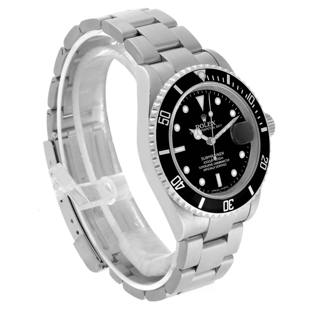 The Rolex Submariner 16610 Men's Stainless Steel Black Dial 16610 Men's Stainless Steel Black Dial watch shown is angled from the front-right, displaying the face, bezel, bracelet, and crown.