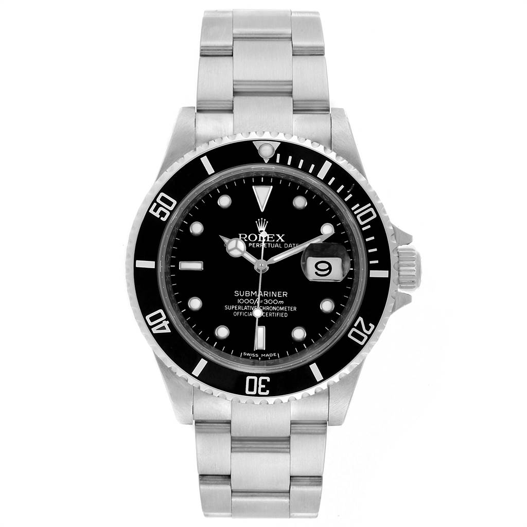 This image shows a full front view of the Rolex Submariner 16610 Men's Stainless Steel Black Dial 16610 Men's Stainless Steel Black Dial watch, including its face, bezel, and band.