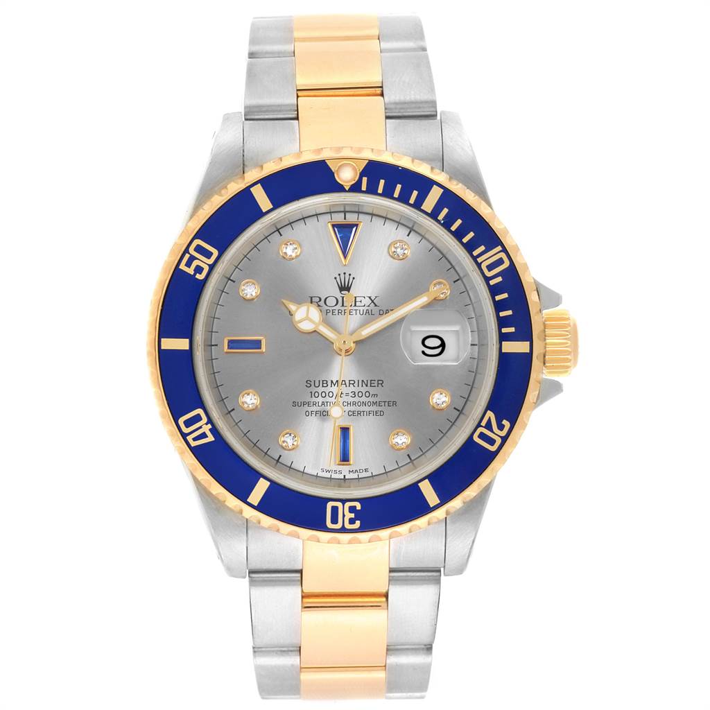 The image shows a front view of a Rolex Submariner 16613 Men's Steel and Gold (two tone) Grey Dial 16613 Men's Steel and Gold (two tone) Grey Dial watch, displaying the face, bezel, and bracelet.
