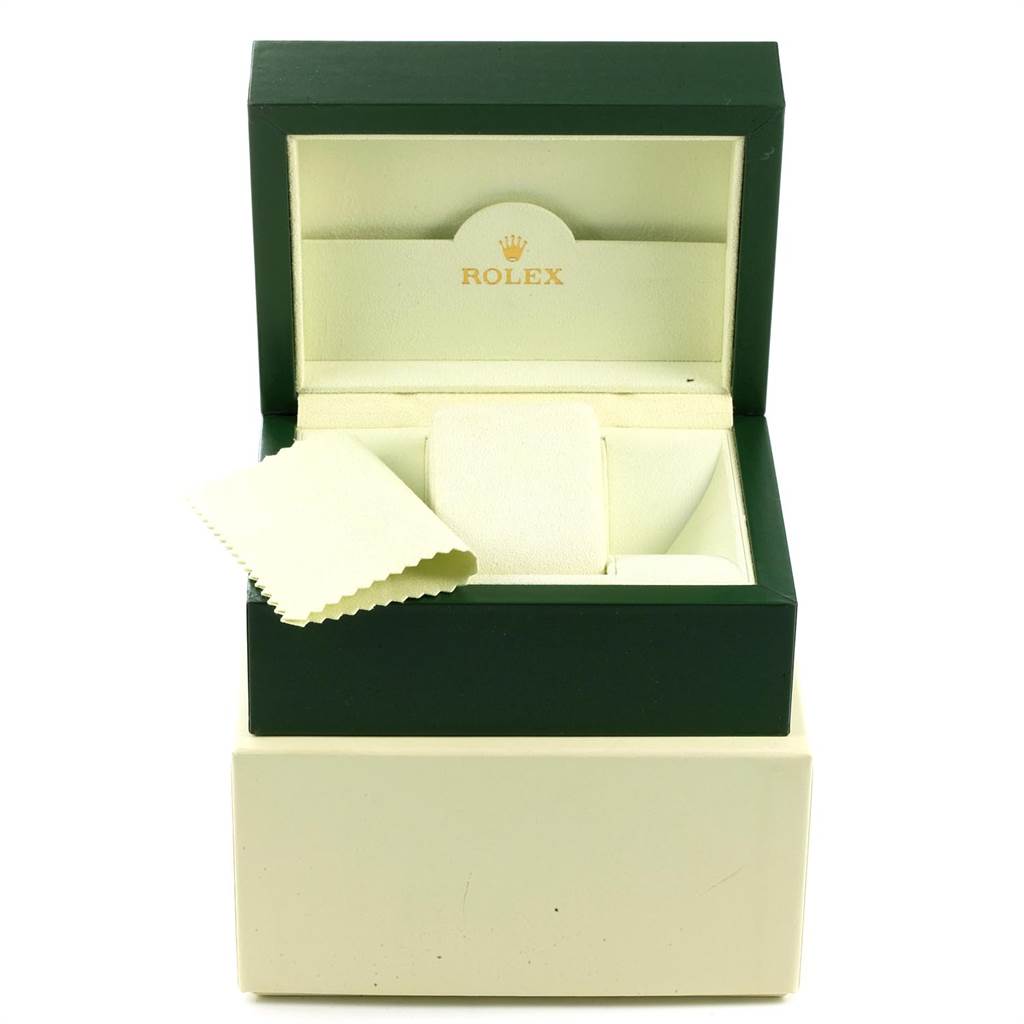 The image shows an open Rolex Submariner 16613 Men's Steel and Gold (two tone) Grey Dial 16613 Men's Steel and Gold (two tone) Grey Dial watch box with a cleaning cloth inside.