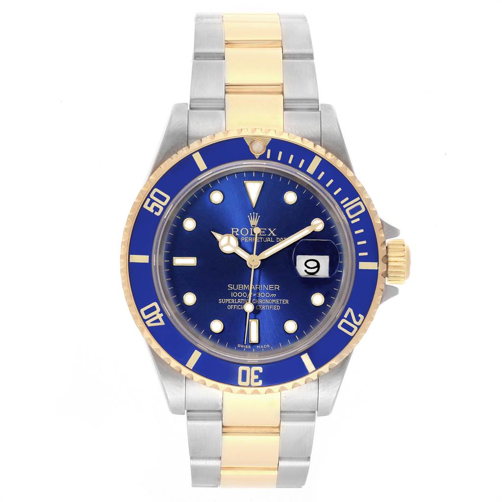 The image shows a Rolex Submariner 16613 Men's Steel and Gold (two tone) Blue Dial 16613 Men's Steel and Gold (two tone) Blue Dial watch from the front, featuring a blue dial and bezel, gold accents, and a bi-metallic bracelet.