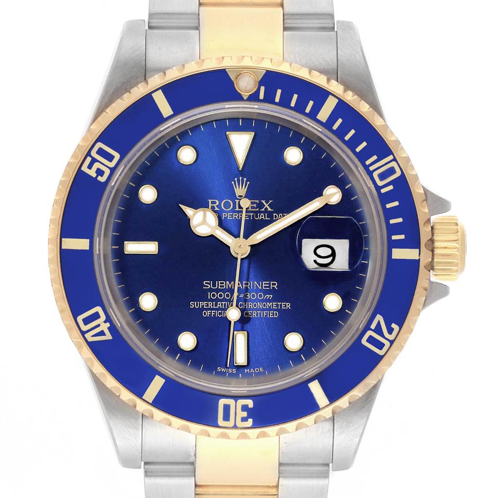 This image shows a front view of a Rolex Submariner 16613 Men's Steel and Gold (two tone) Blue Dial 16613 Men's Steel and Gold (two tone) Blue Dial watch displaying the face, bezel, and part of the bracelet.