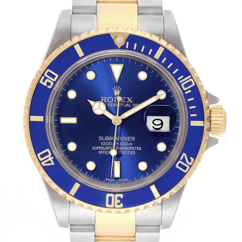 Rolex Submariner Steel Yellow Gold Blue Dial Mens Watch 16613 Box Papers SwissWatchExpo