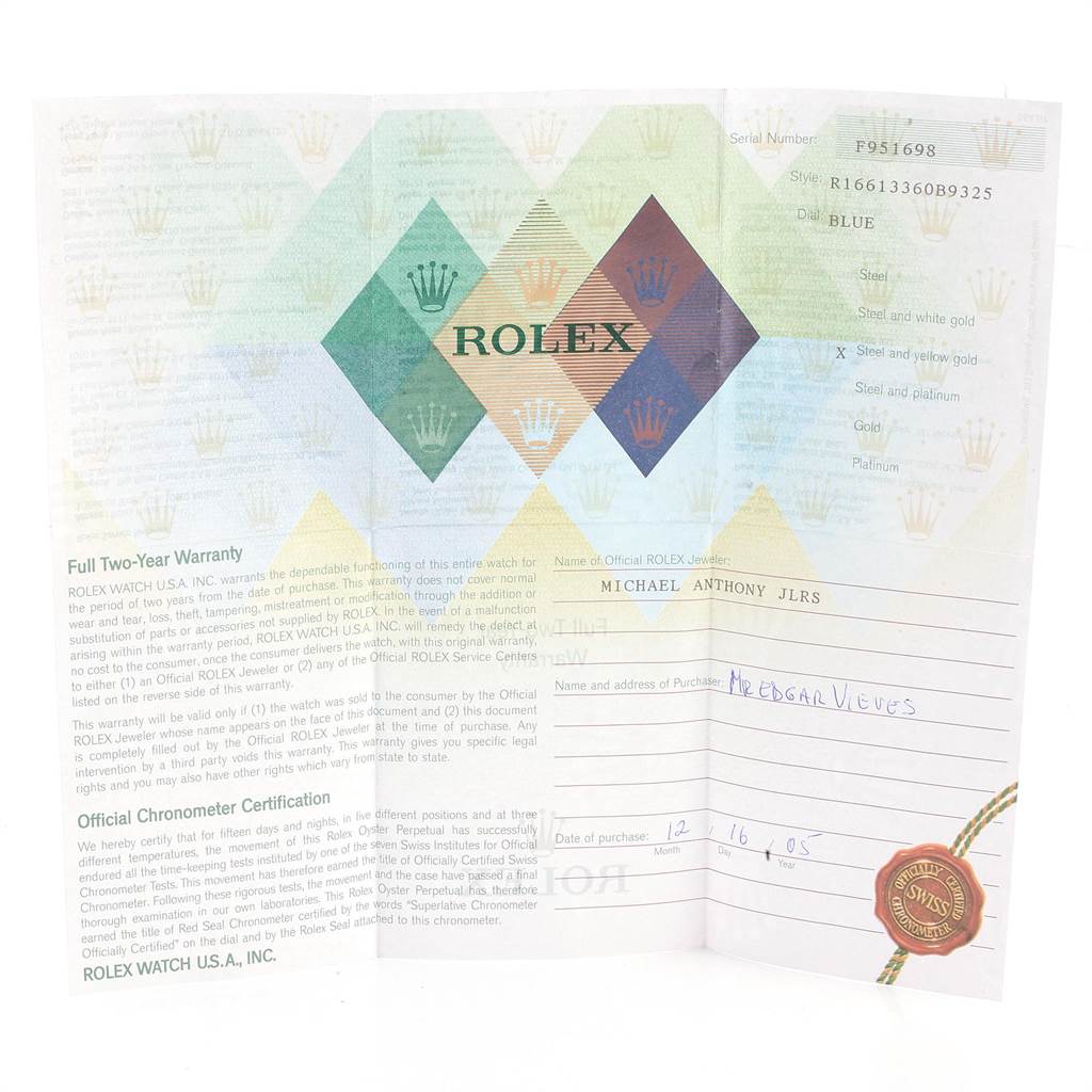 The image shows the warranty card and certification documents for a Rolex Submariner 16613 Men's Steel and Gold (two tone) Blue Dial 16613 Men's Steel and Gold (two tone) Blue Dial watch.