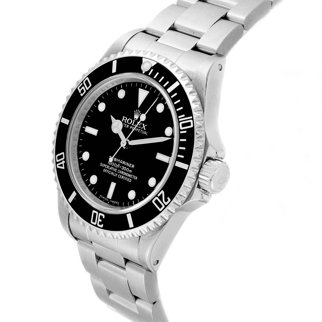 The Rolex Submariner 14060 Men's Stainless Steel Black Dial 14060 Men's Stainless Steel Black Dial watch is shown at an angled view, highlighting its dial, bezel, and a portion of the bracelet.