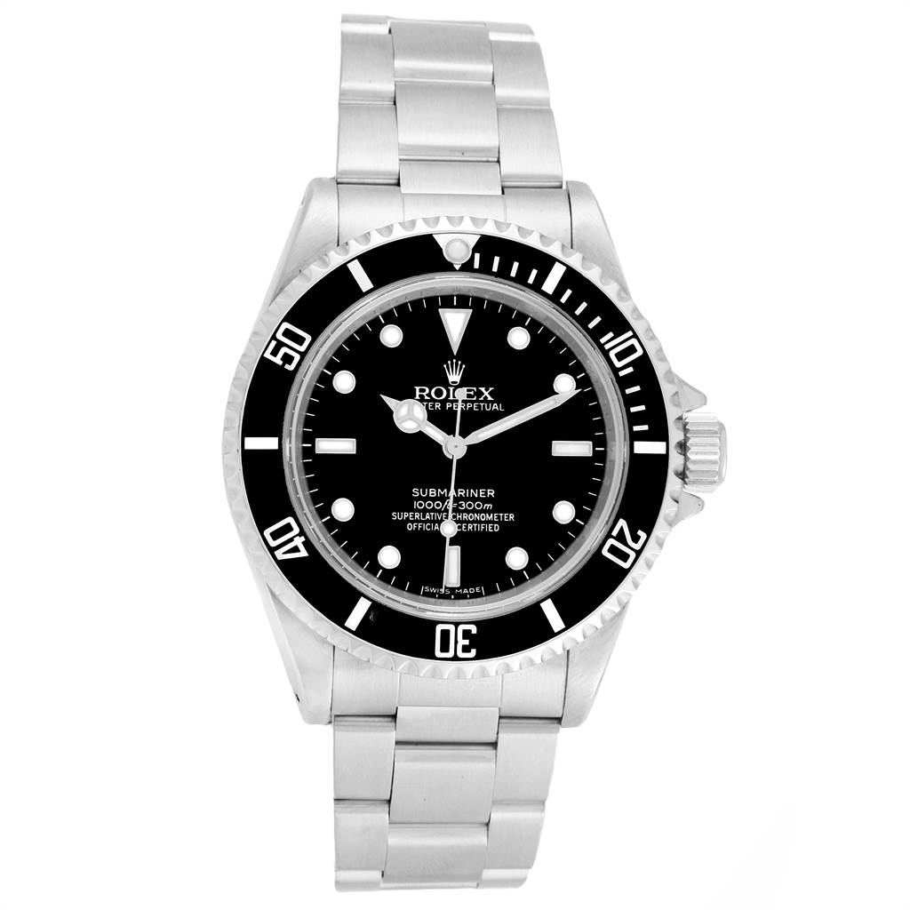 The image shows a frontal view of the Rolex Submariner 14060 Men's Stainless Steel Black Dial 14060 Men's Stainless Steel Black Dial watch, highlighting the dial, bezel, and stainless steel bracelet.