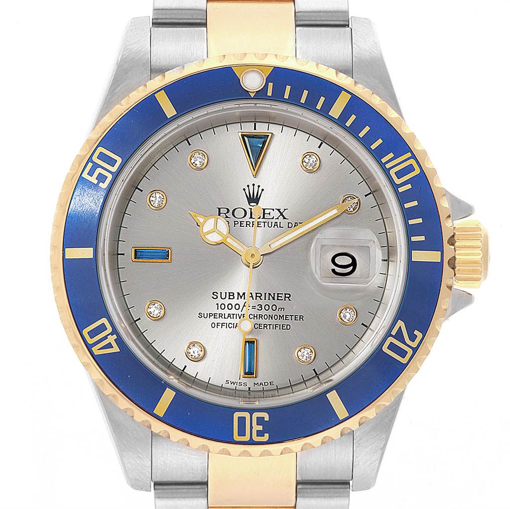 This image shows a front view of a Rolex Submariner 16613 Men's Steel and Gold (two tone) Grey Dial 16613 Men's Steel and Gold (two tone) Grey Dial watch, highlighting the dial, bezel, case, and part of the bracelet.