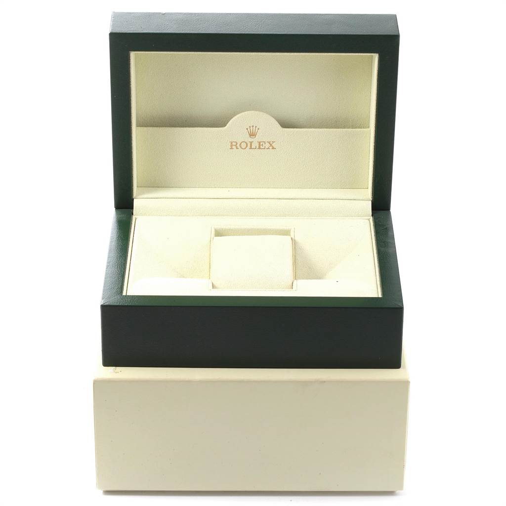 The image shows an open Rolex Submariner 16613 Men's Steel and Gold (two tone) Grey Dial 16613 Men's Steel and Gold (two tone) Grey Dial watch box from a front angle, revealing the cushion and inner compartments.