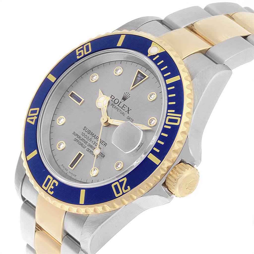 The Rolex Submariner 16613 Men's Steel and Gold (two tone) Grey Dial 16613 Men's Steel and Gold (two tone) Grey Dial watch is shown at an angled top view, displaying its bezel, dial, bracelet, and crown.
