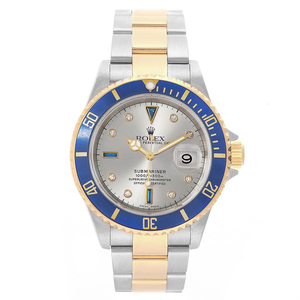 This image shows a front view of a Rolex Submariner 16613 Men's Steel and Gold (two tone) Grey Dial 16613 Men's Steel and Gold (two tone) Grey Dial watch with a two-tone metal bracelet and a blue bezel.