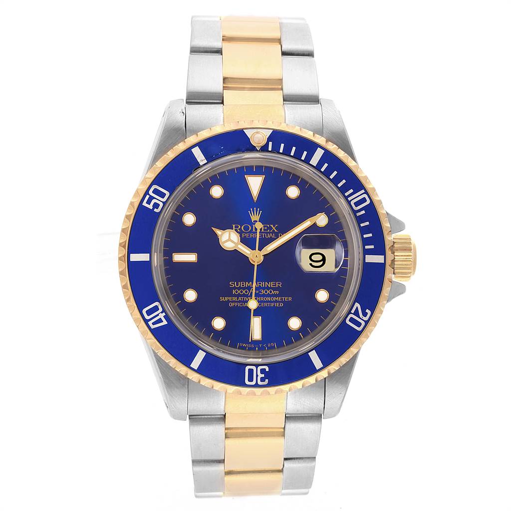 The image shows a front view of a Rolex Submariner 16613 Men's Steel and Gold (two tone) Blue Dial 16613 Men's Steel and Gold (two tone) Blue Dial watch, highlighting its blue dial, bezel, and two-tone bracelet.