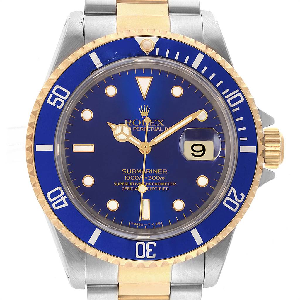 This image shows a close-up of the Rolex Submariner 16613 Men's Steel and Gold (two tone) Blue Dial 16613 Men's Steel and Gold (two tone) Blue Dial watch, showcasing the face, bezel, and a portion of the bracelet.