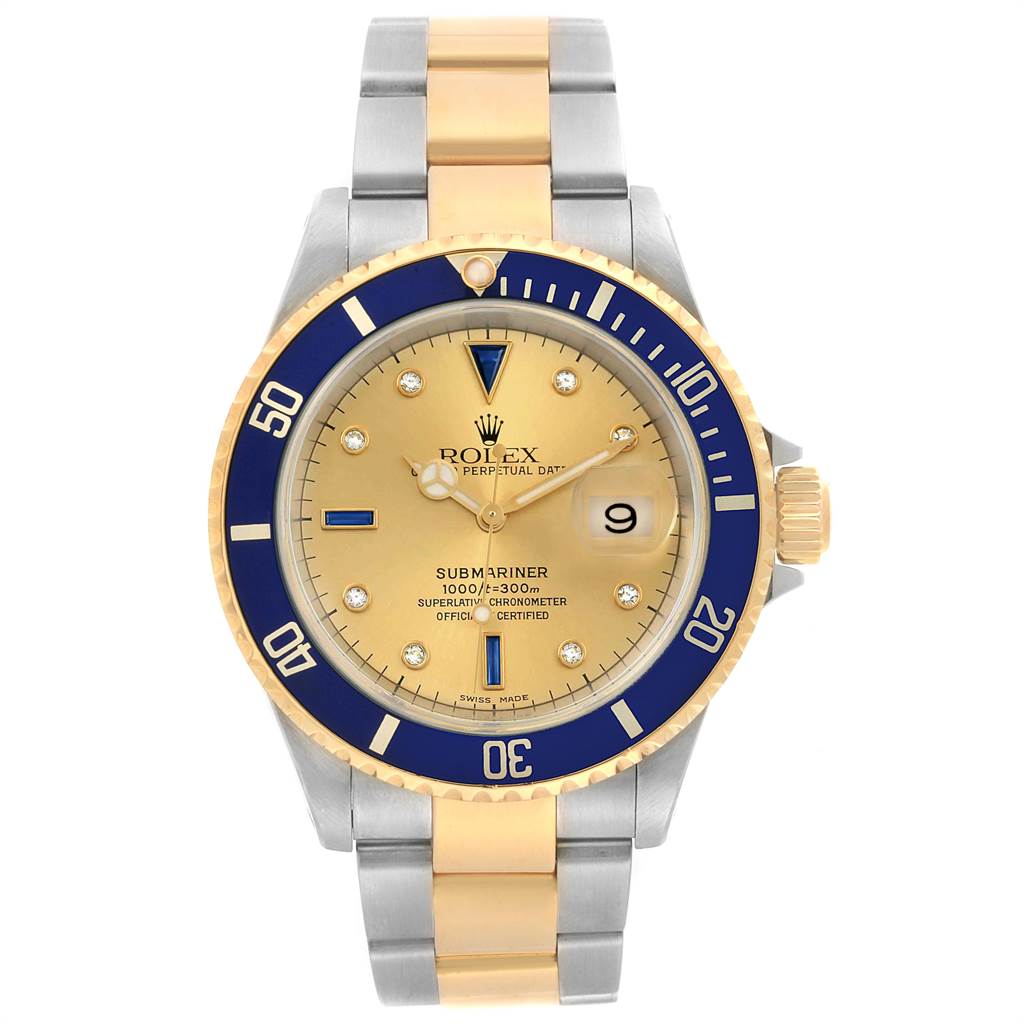This image shows a frontal view of a Rolex Submariner 16613 Men
s Steel and Gold (two tone) Champagne Dial 16613 Men
s Steel and Gold (two tone) Champagne Dial watch with a gold dial, blue bezel, and two-tone bracelet.