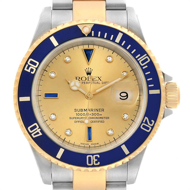 Rolex Submariner Steel Gold Diamond Sapphire Serti Dial Mens Watch 16613 SwissWatchExpo