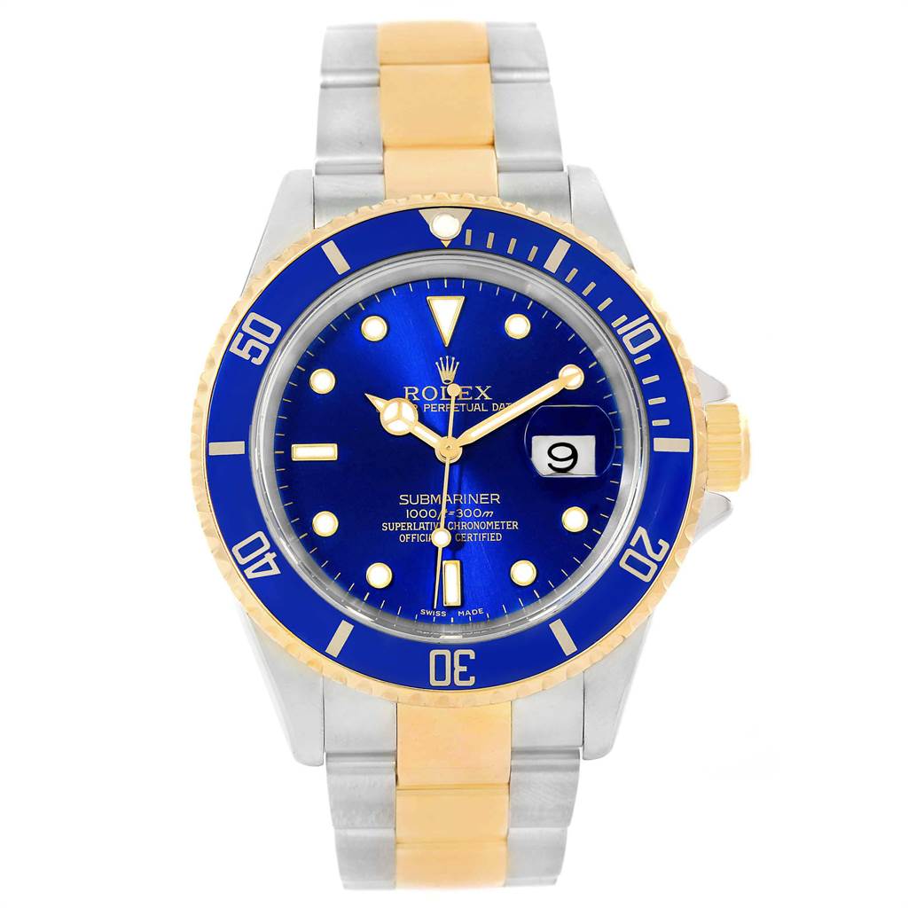 The Rolex Submariner 16613 Men's Steel and Gold (two tone) Blue Dial 16613 Men's Steel and Gold (two tone) Blue Dial watch is shown from a front angle, displaying its blue dial, date window, bezel, and two-tone bracelet.