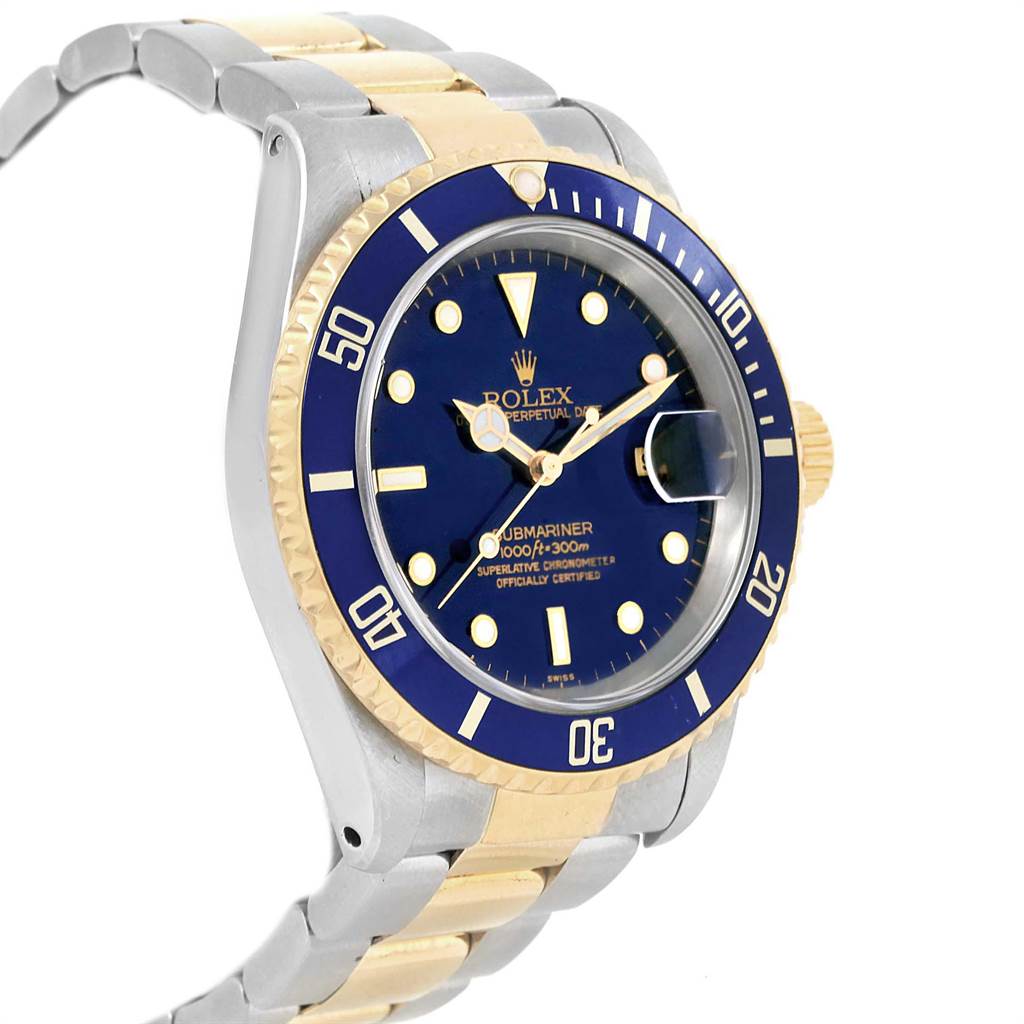 The Rolex Submariner 16613 Men's Steel and Gold (two tone) Blue Dial 16613 Men's Steel and Gold (two tone) Blue Dial watch is shown at an angle displaying the dial, bezel, case, and part of the bracelet.