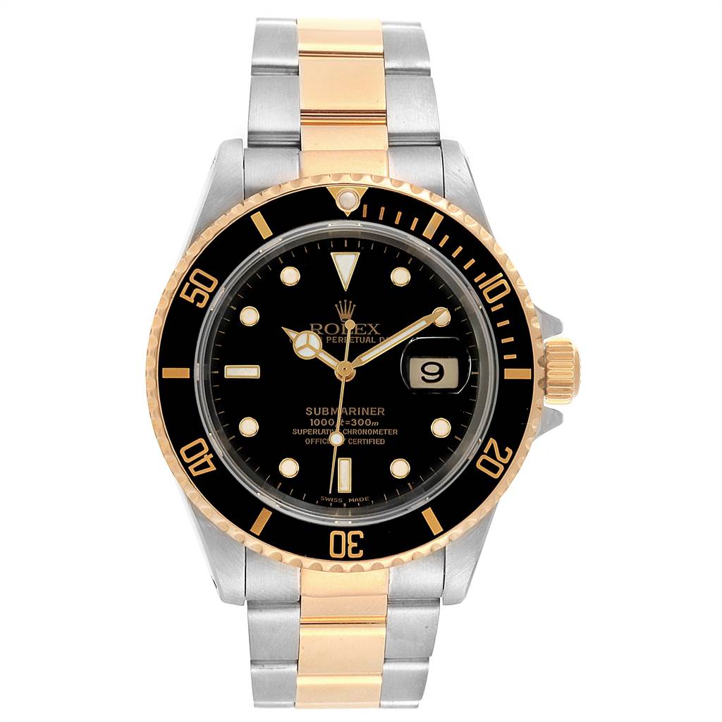 The Rolex Submariner 16613 Men's Steel and Gold (two tone) Black Dial 16613 Men's Steel and Gold (two tone) Black Dial watch is shown from a front angle, displaying the face, bezel, crown, and bracelet.