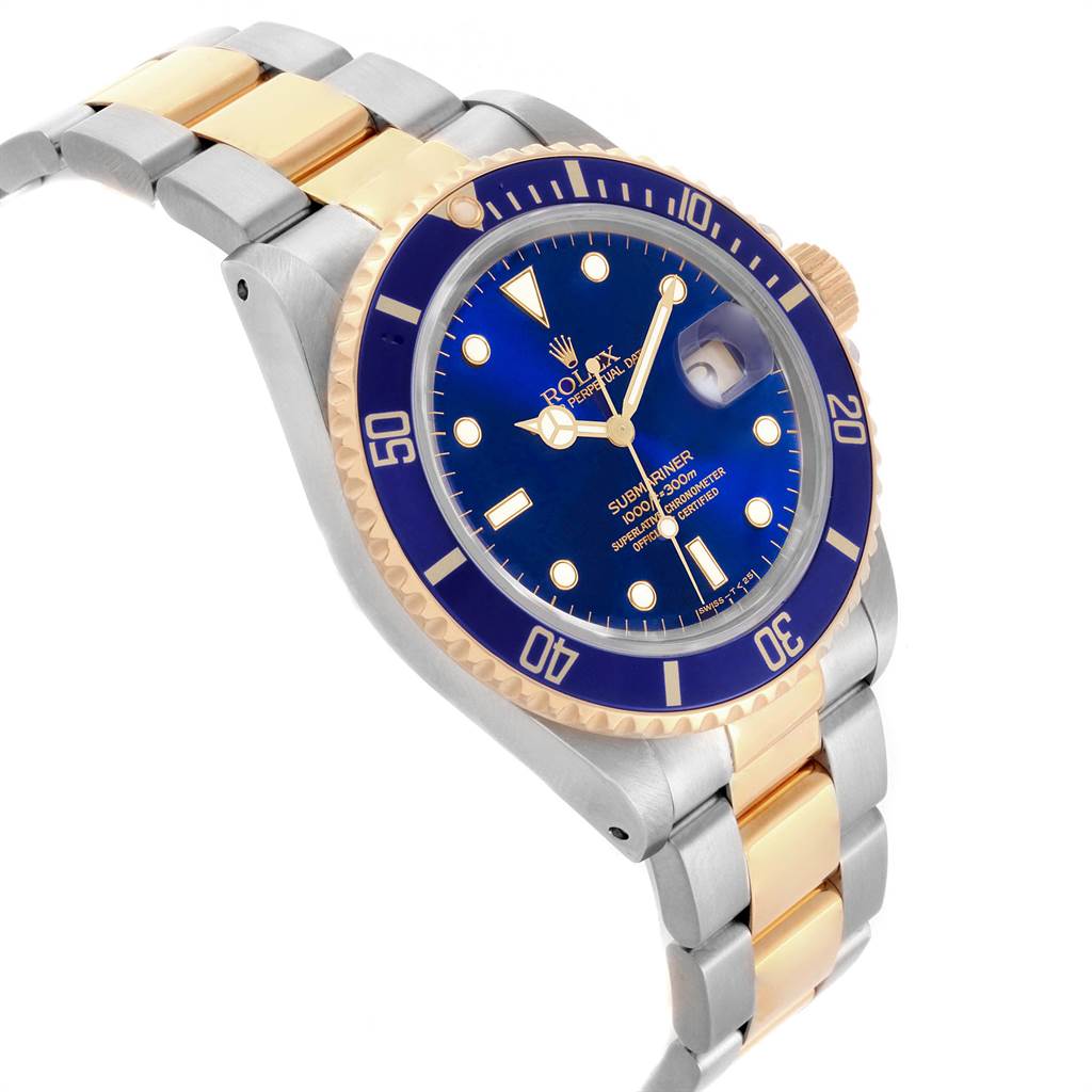 This image shows a Rolex Submariner 16613 Men's Steel and Gold (two tone) Blue Dial 16613 Men's Steel and Gold (two tone) Blue Dial watch at a three-quarter angle, highlighting the blue dial and two-tone bracelet.