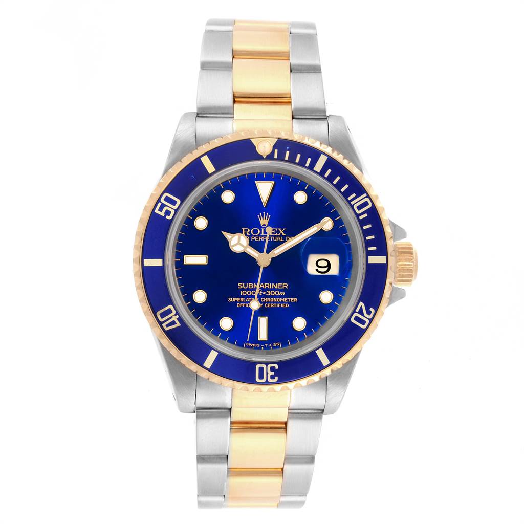 This image shows a front-facing Rolex Submariner 16613 Men's Steel and Gold (two tone) Blue Dial 16613 Men's Steel and Gold (two tone) Blue Dial watch with a blue dial and bicolor bracelet.
