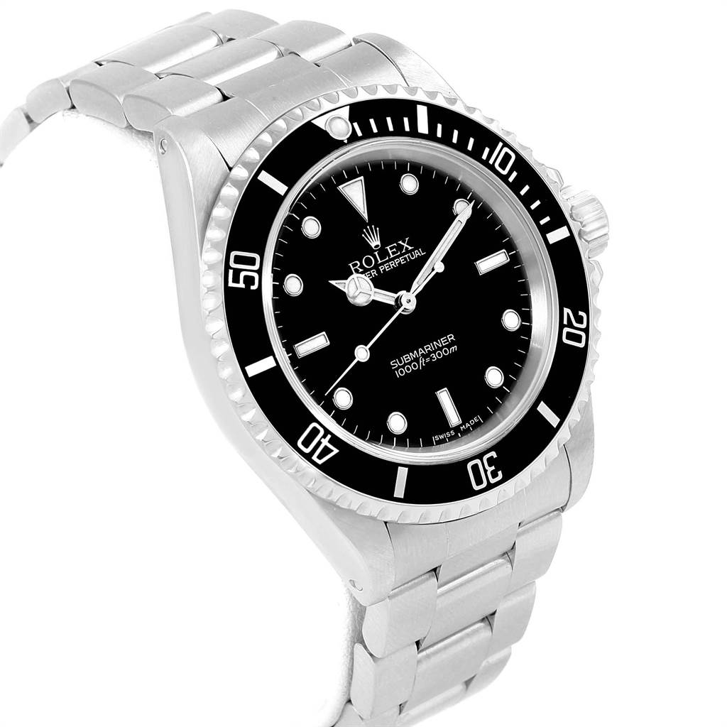 This image shows a Rolex Submariner 14060 Men's Stainless Steel Black Dial 14060 Men's Stainless Steel Black Dial watch from a slightly angled top-down perspective, highlighting the face, bezel, and bracelet.
