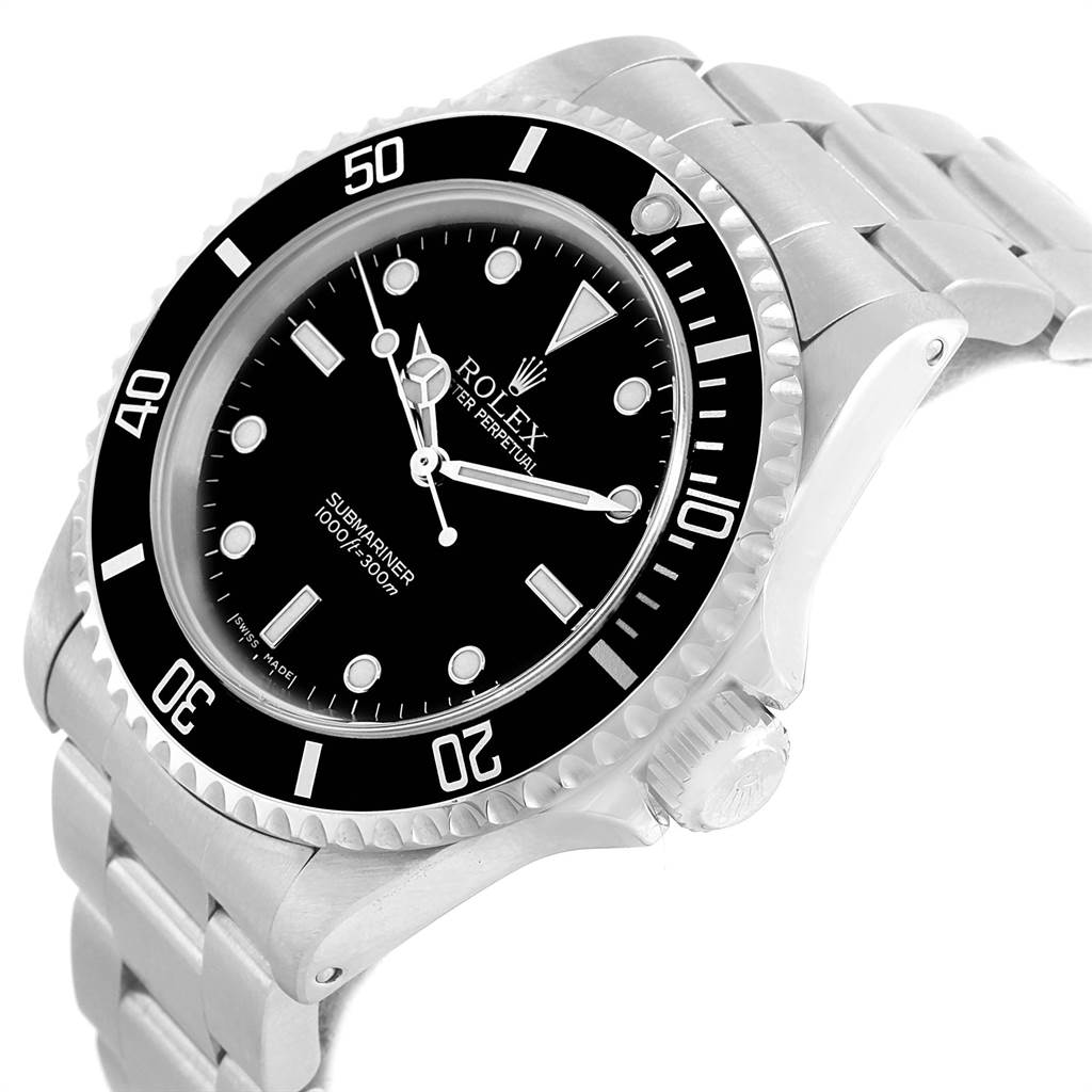 The image shows a side-angle view of the Rolex Submariner 14060 Men's Stainless Steel Black Dial 14060 Men's Stainless Steel Black Dial watch, highlighting the face, crown, bezel, and stainless steel bracelet.