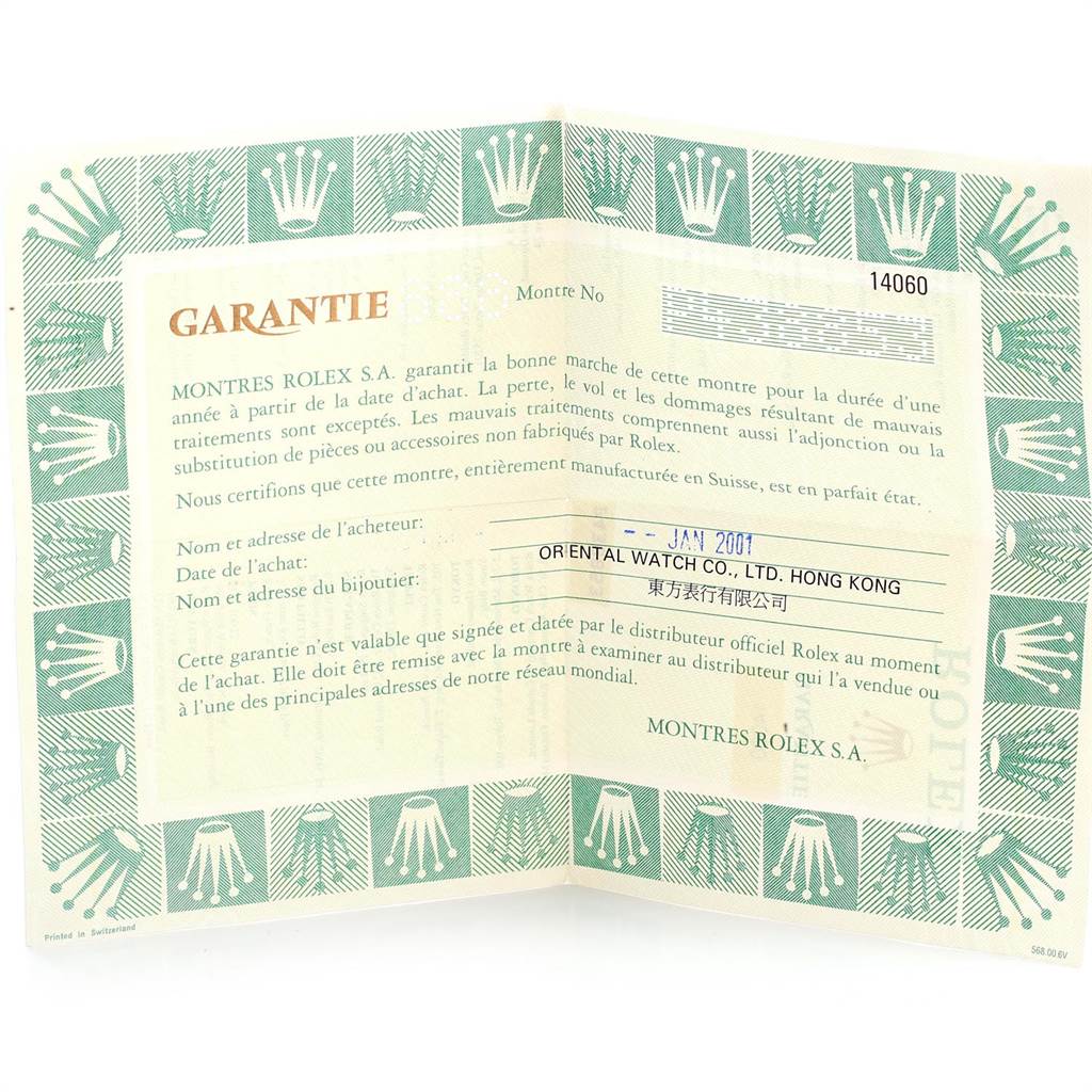 This image shows the guarantee certificate for the Rolex Submariner 14060 Men's Stainless Steel Black Dial 14060 Men's Stainless Steel Black Dial watch, including details such as the purchase date and retailer.